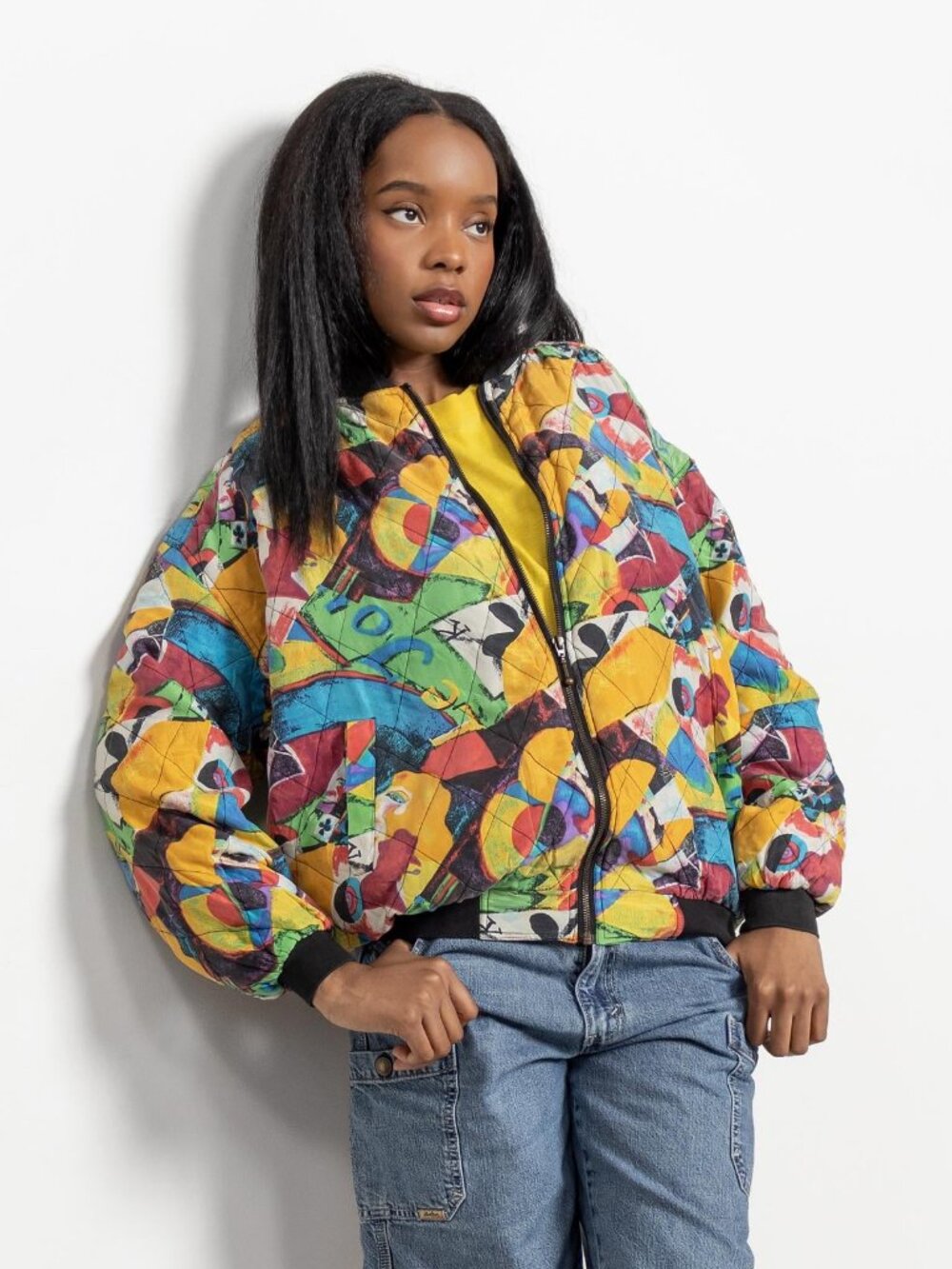 Vintage 90s Silk Bomber Jacket: Rainbow Abstract Pattern, Size L